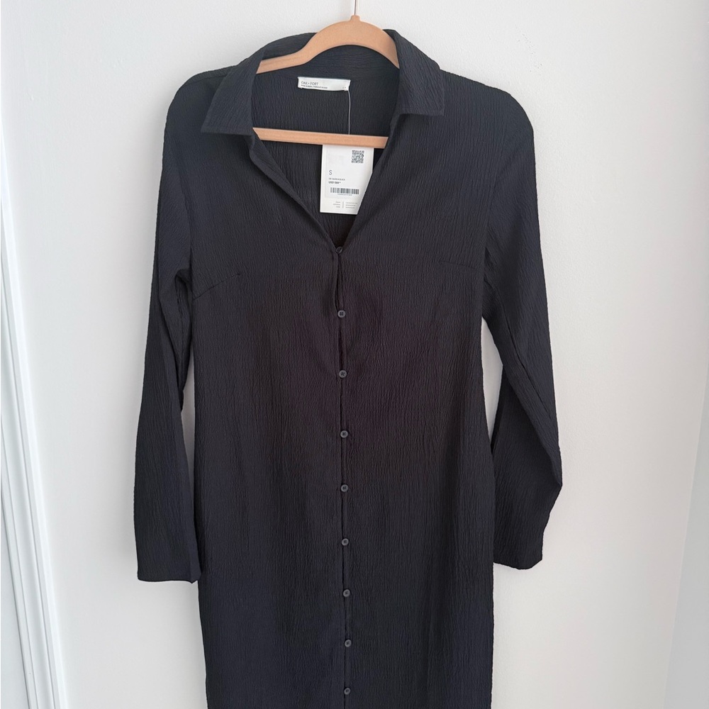 OAK + FORT Black Long Sleeve Notched Collar Dress